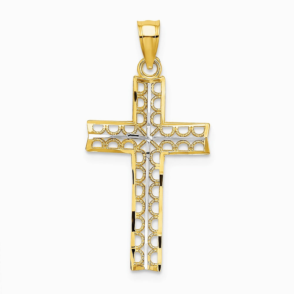 10K / 14K Yellow with Rhodium w/ Rhodium Diamond-Cut Filigree Cross Pendant