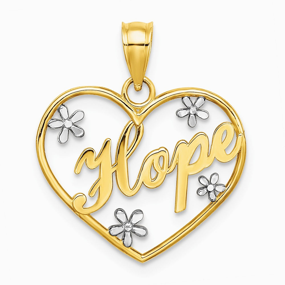 10K / 14K Yellow with Rhodium with Rhodium Hope In Heart with Flowers Charm