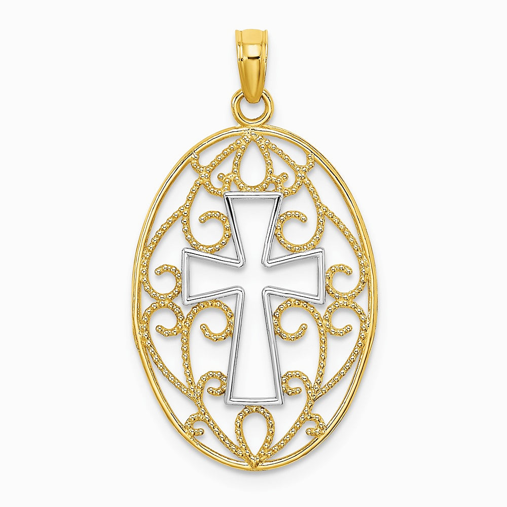 10K / 14K Yellow with Rhodium with Rhodium Beaded Filigree Cross Charm - Product Photo