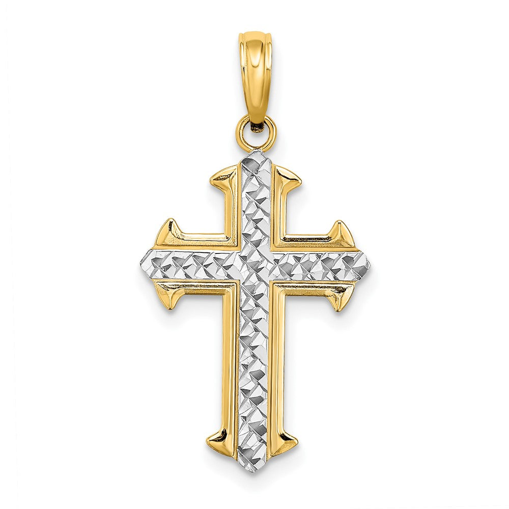 10K / 14K Yellow with Rhodium w/ Rhodium Diamond-Cut Cross Pendant - Product Photo