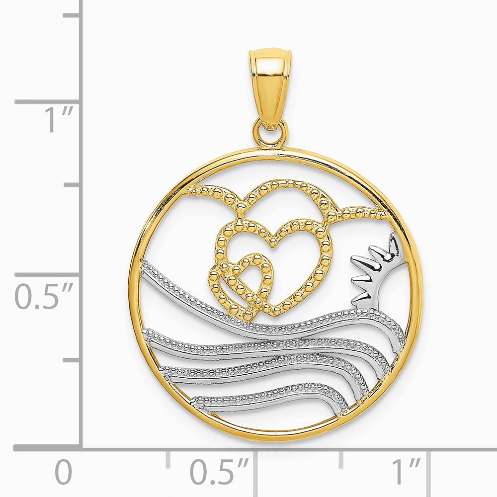 10K / 14K Yellow with Rhodium with Rhodium Sun, Hearts ,Water Circle Charm - Product Photo