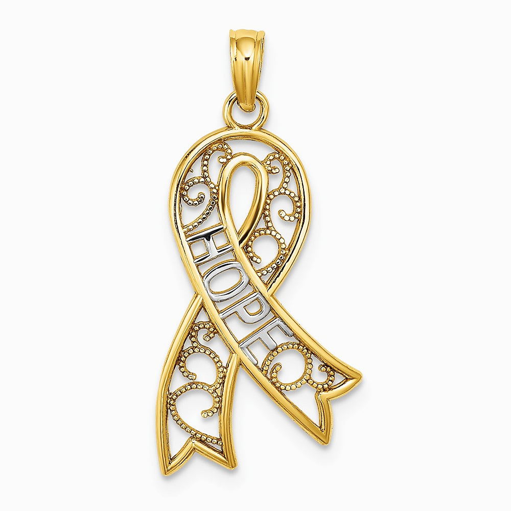 10K / 14K Yellow with Rhodium W/Rhodium Filigree Ribbon HOPE Charm