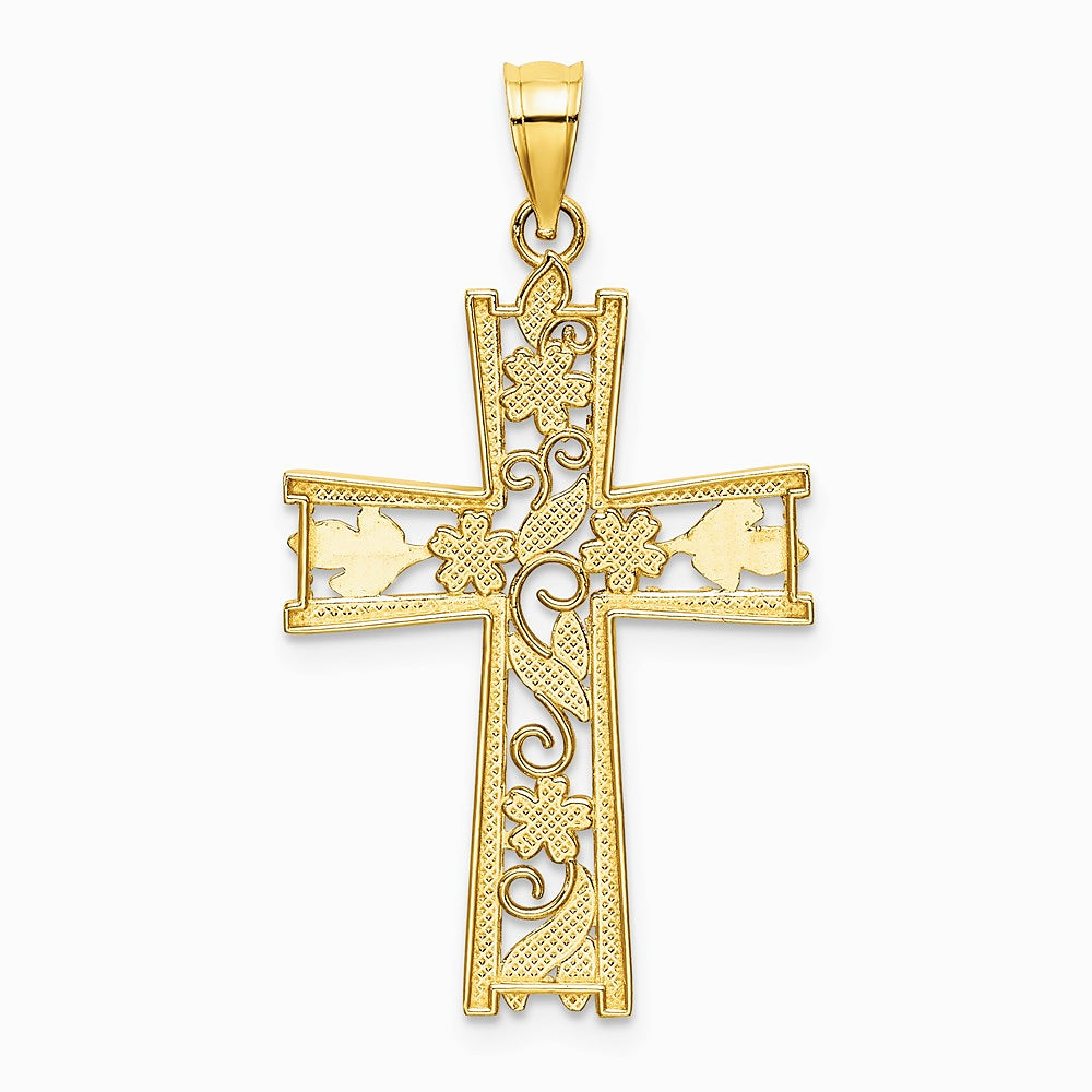10K / 14K Yellow with RH W/ RH and Diamond-Cut Flower Design Cross Charm - Product Photo