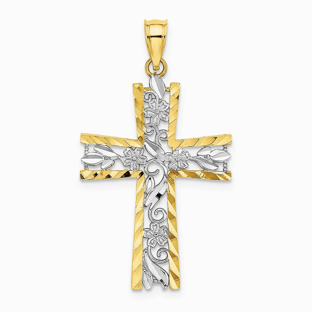 10K / 14K Yellow with RH W/ RH and Diamond-Cut Flower Design Cross Charm - Product Photo
