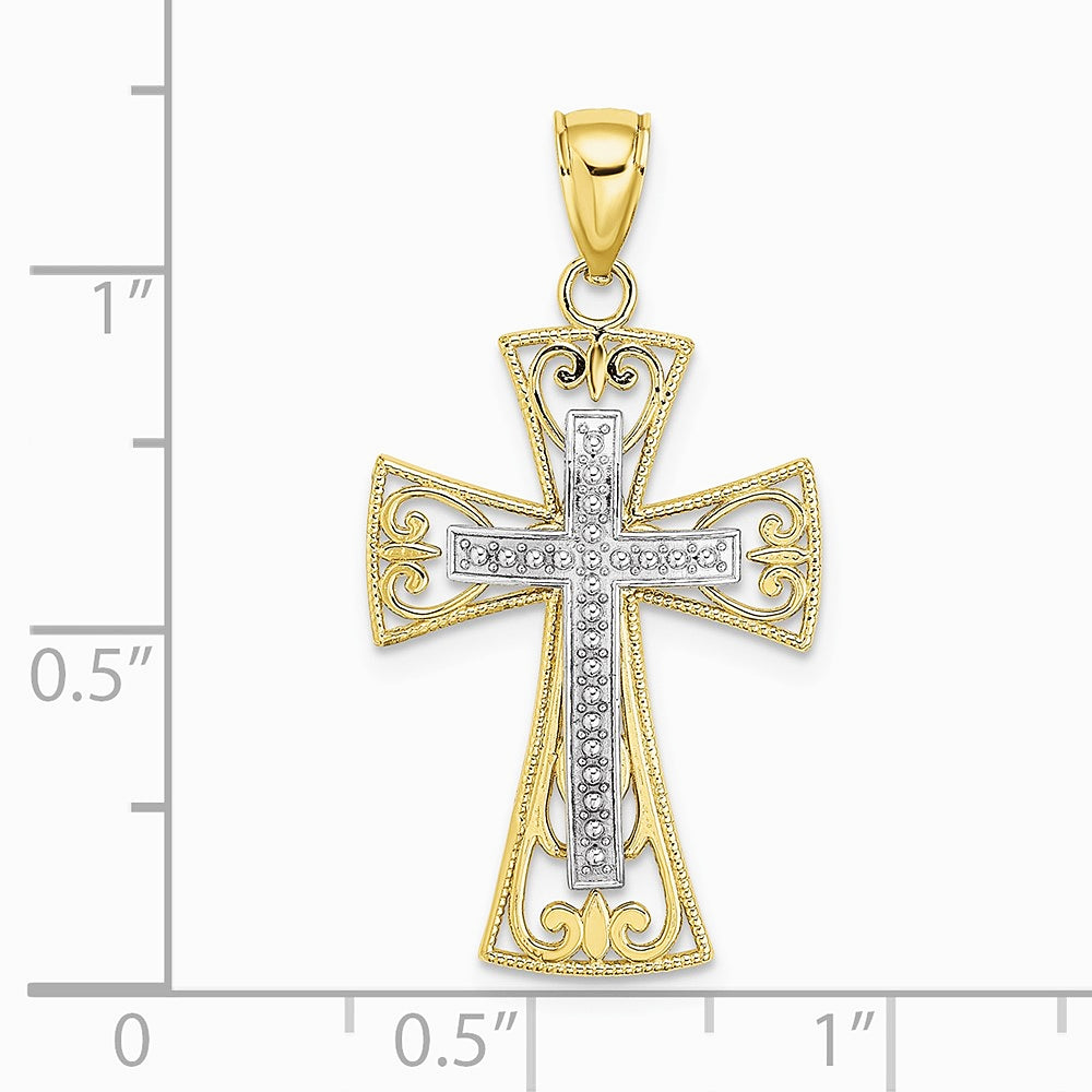 10K Two-tone 2-D and Diamond-Cut Beaded Filigree Cross Charm - Product Photo
