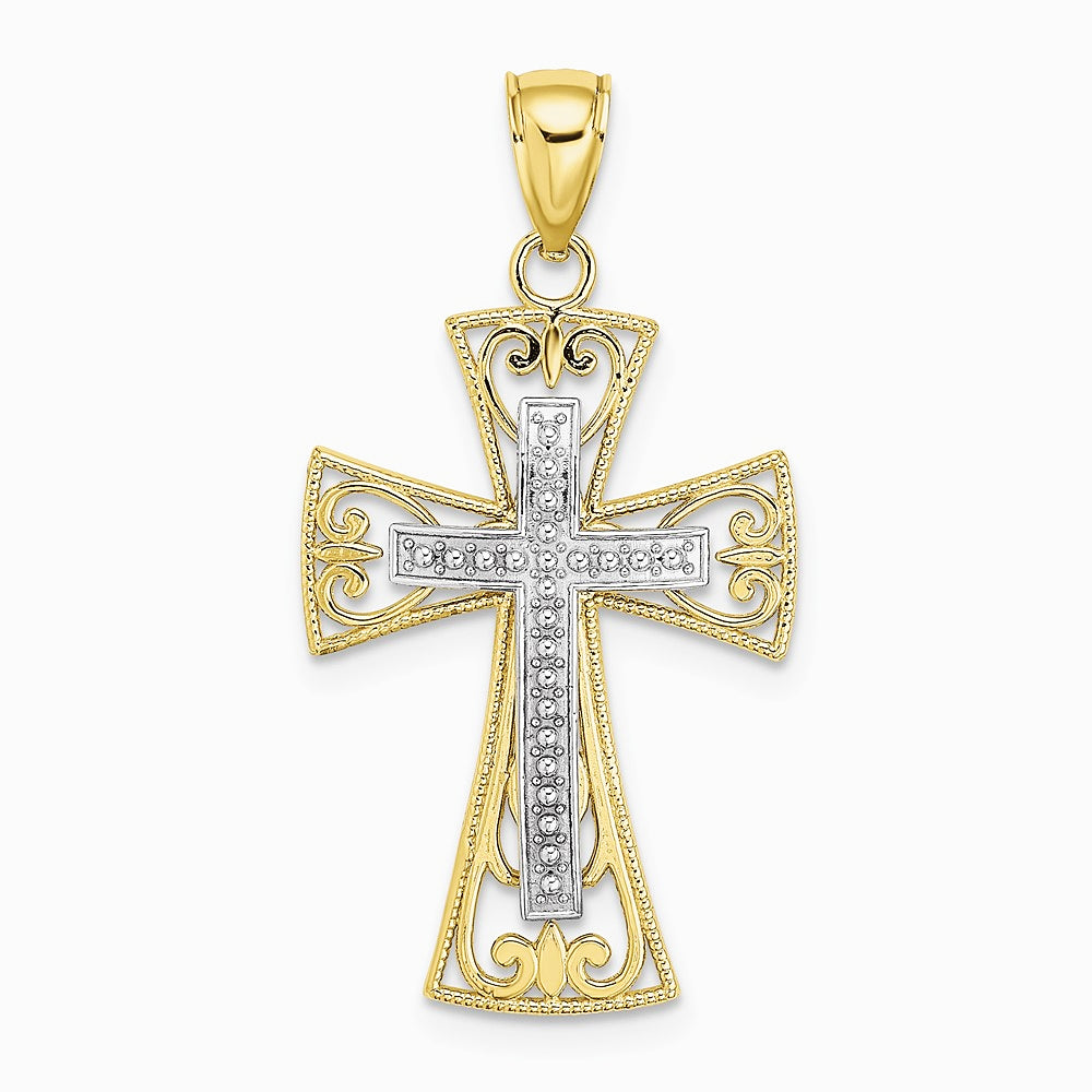 10K Two-tone 2-D and Diamond-Cut Beaded Filigree Cross Charm - Product Photo