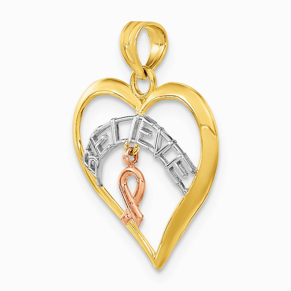 10K / 14K Two-tone with White Rhodium BELIEVE in Heart w/ Breast Cancer Ribbon - Product Photo