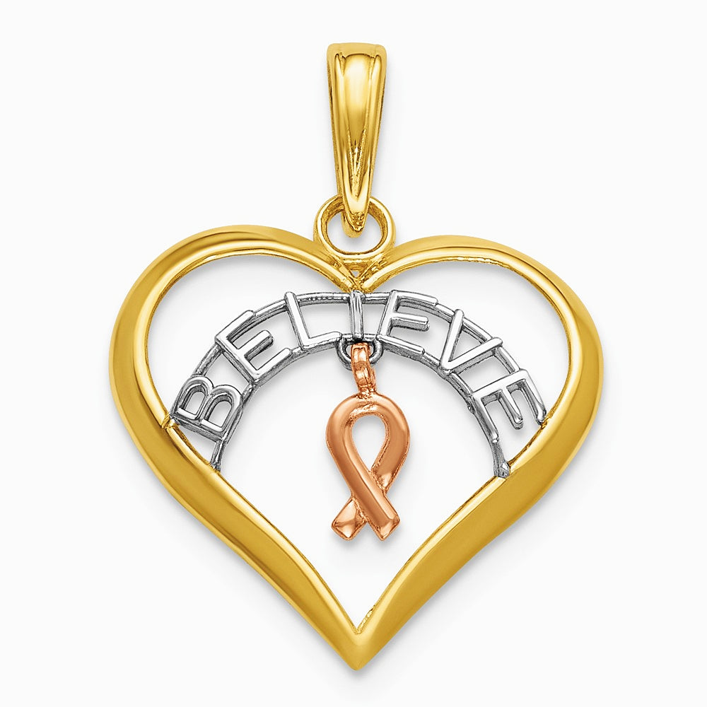 10K / 14K Two-tone with White Rhodium BELIEVE in Heart w/ Breast Cancer Ribbon