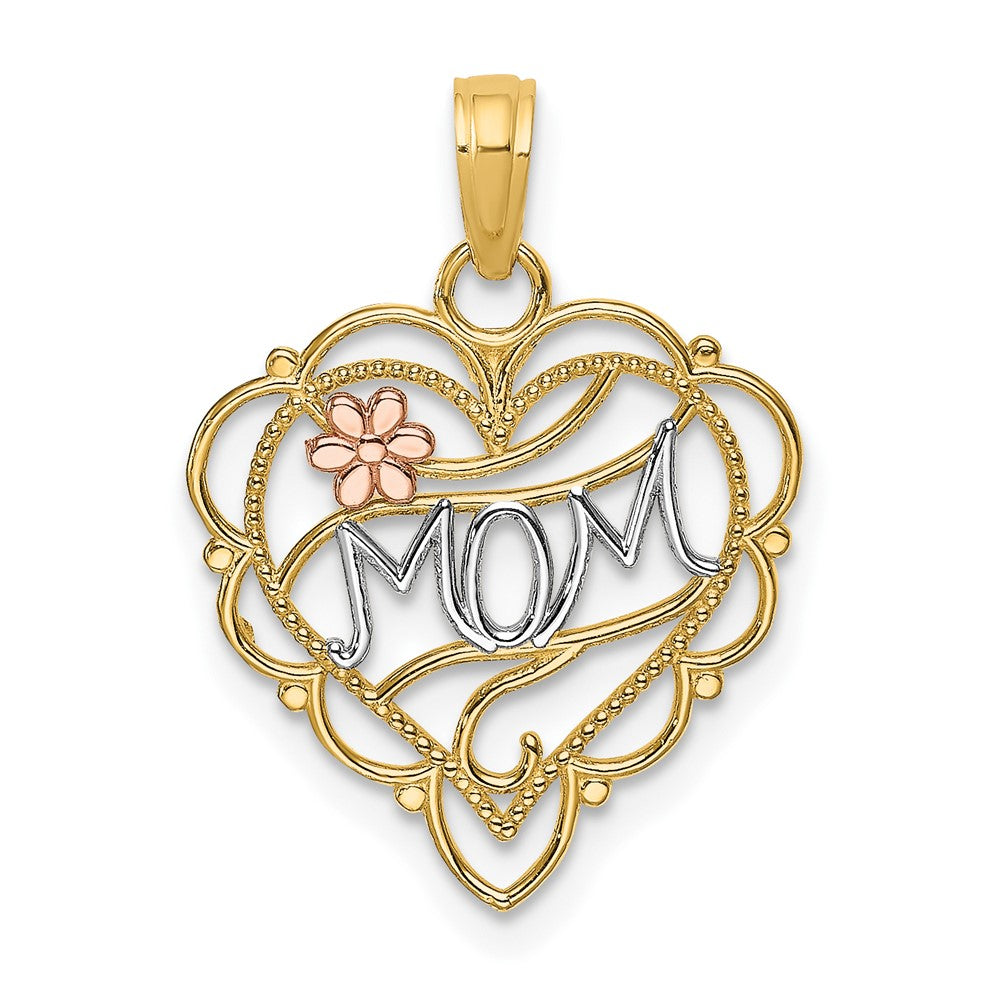 10K / 14K Two-tone with Rhodium MOM Heart W/ Flower Charm