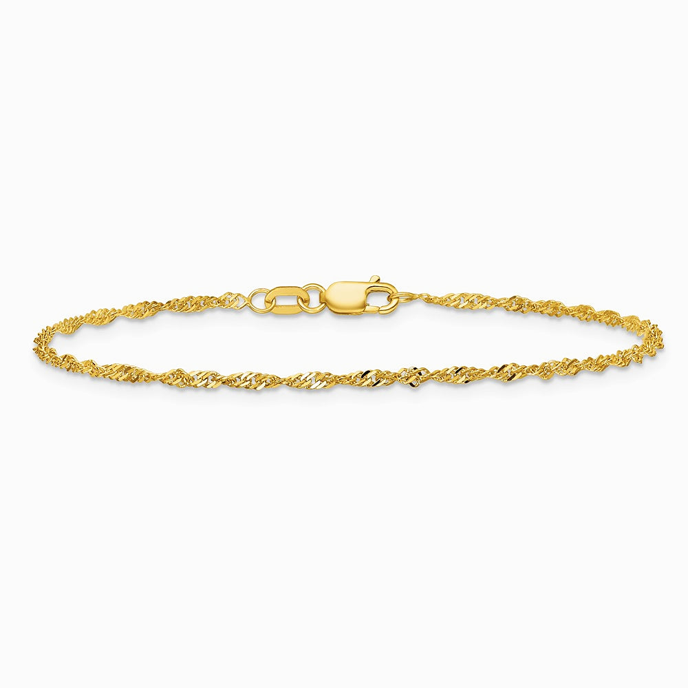 10K Yellow Gold 1.7mm Singapore Chain Bracelet 7"-10" - Product Photo
