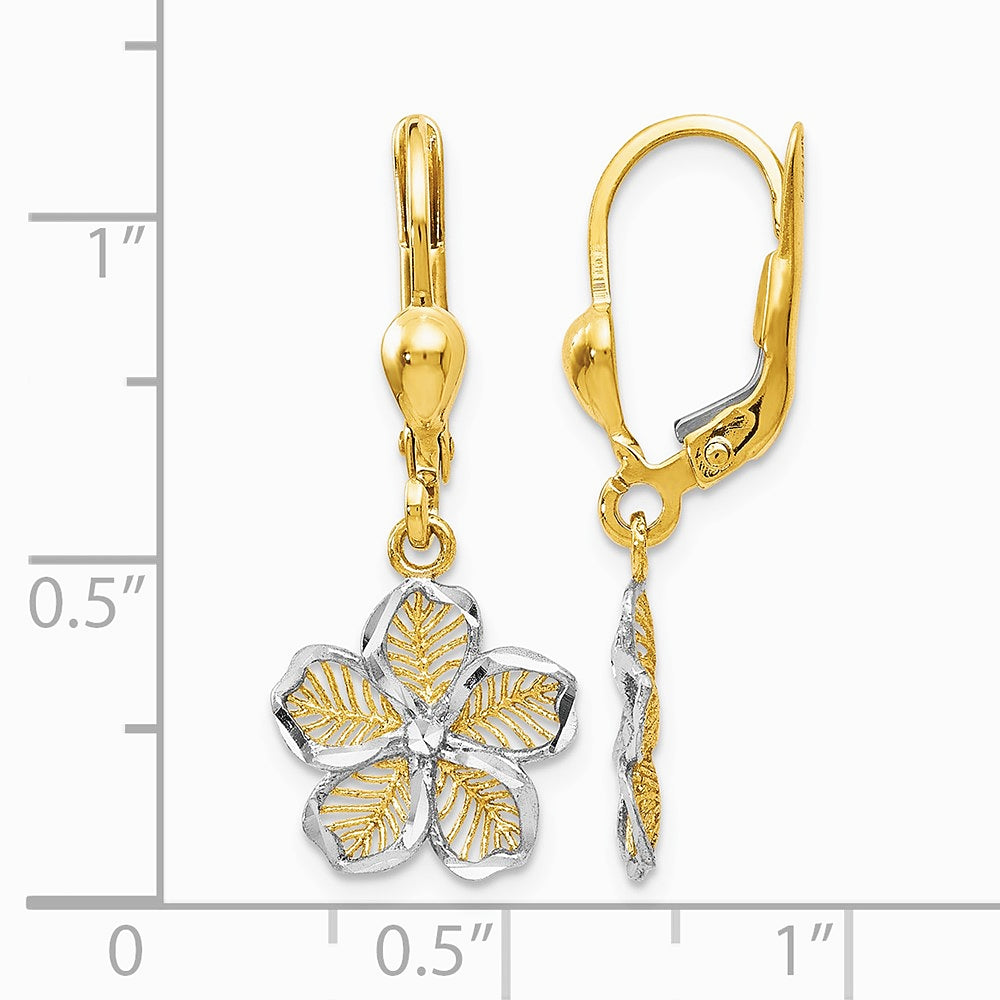 10K Yellow with RH RH-plated Pol. Diamond-Cut Filigree Flower Leverback Earrings - Product Photo