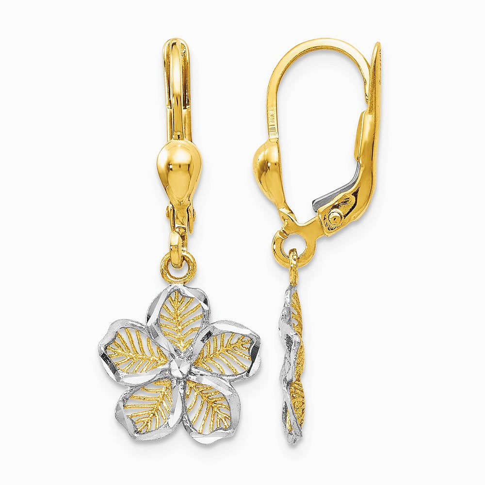 10K Yellow with RH RH-plated Pol. Diamond-Cut Filigree Flower Leverback Earrings - Product Photo
