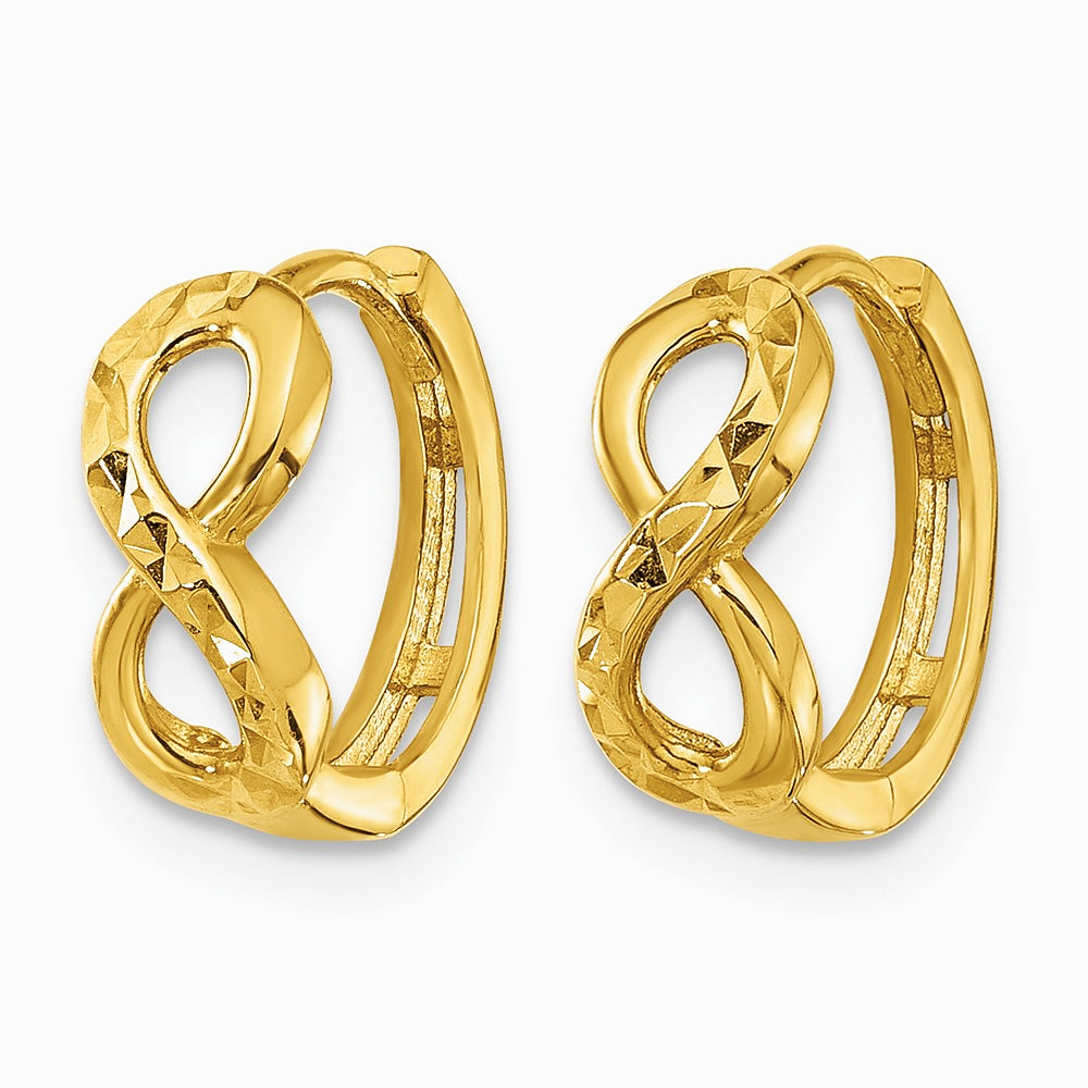 10K Yellow Gold Polished and Diamond-cut Infinity Huggie Hoop Earrings - Product Photo