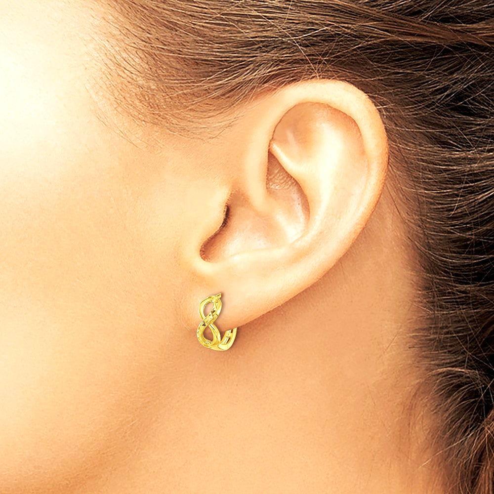 10K Yellow Gold Polished and Diamond-cut Infinity Huggie Hoop Earrings - Product Photo