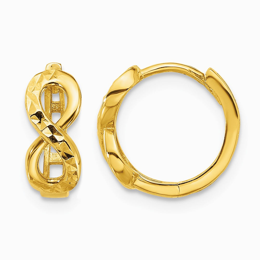 10K Yellow Gold Polished and Diamond-cut Infinity Huggie Hoop Earrings - Product Photo