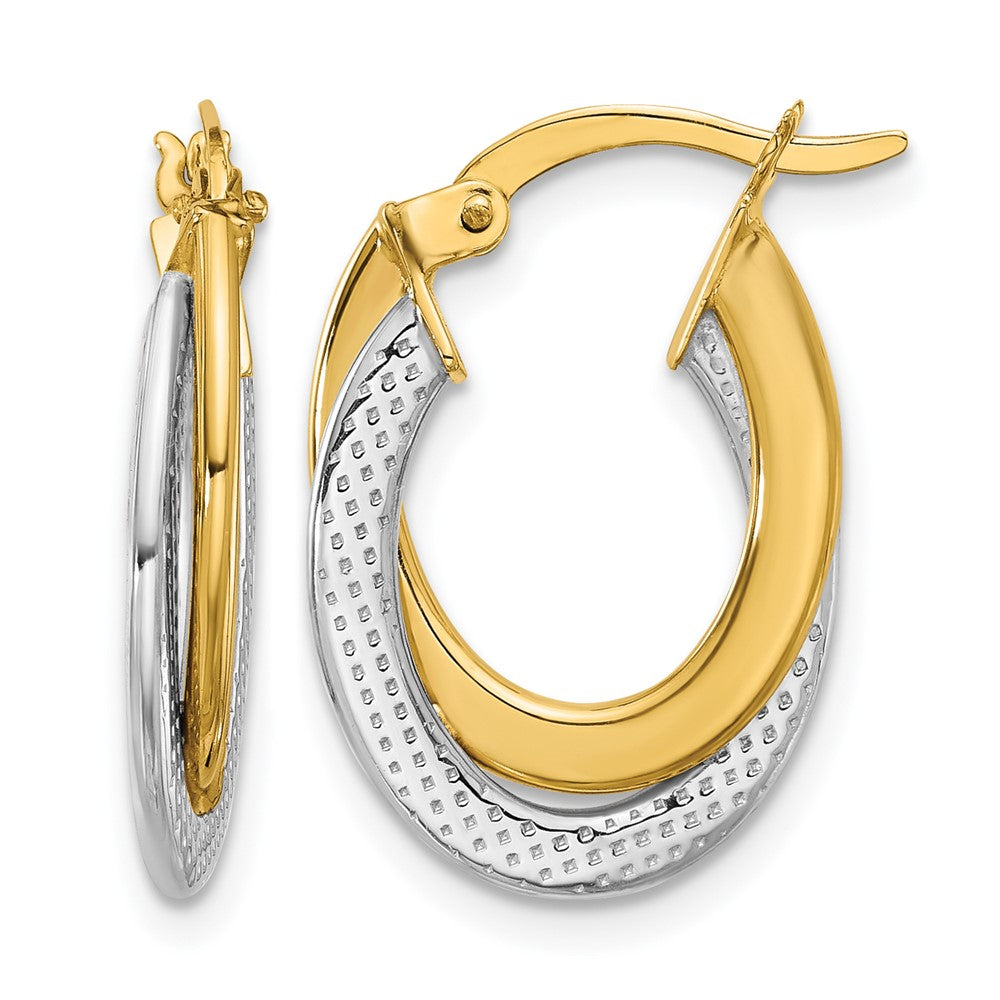 10K Yellow with Rhodium with Rhodium Polished and Textured Fancy Hoop Earrings