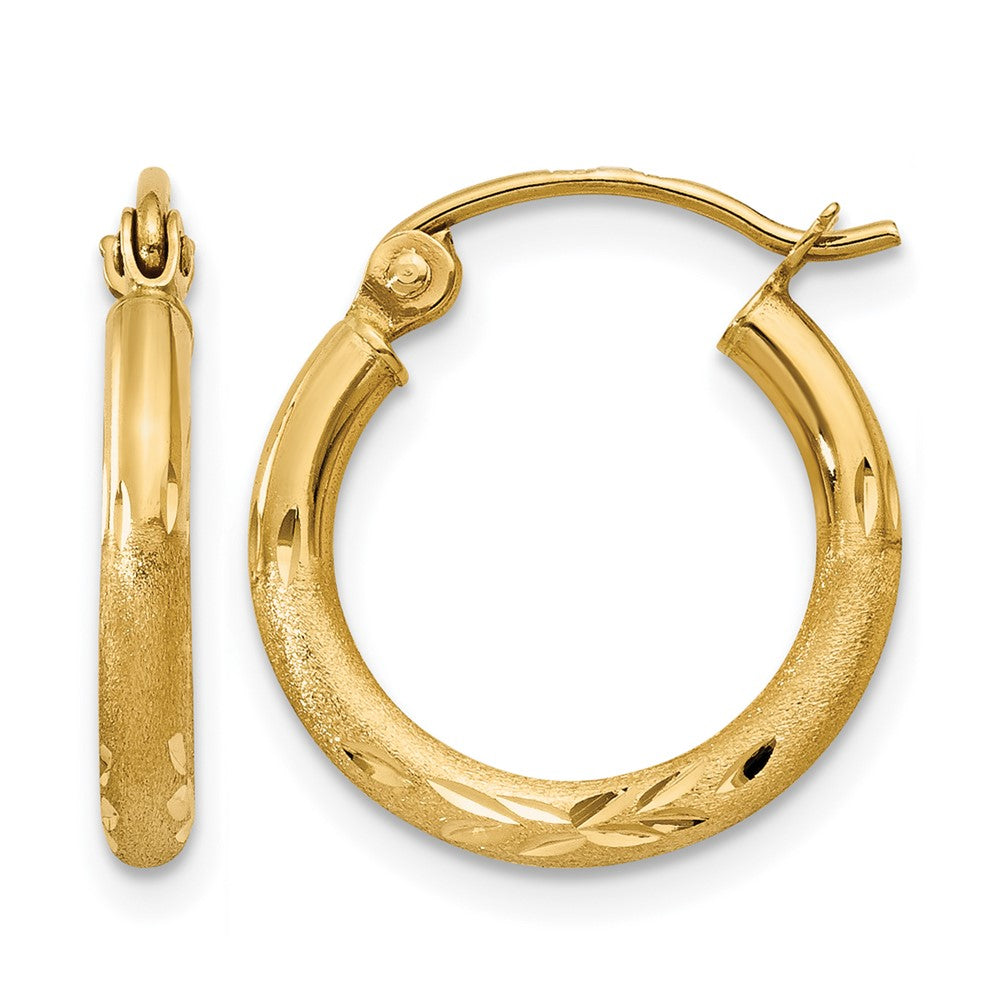 10K Yellow Gold Satin and Diamond-Cut 2mm Round Tube Hoop Earrings