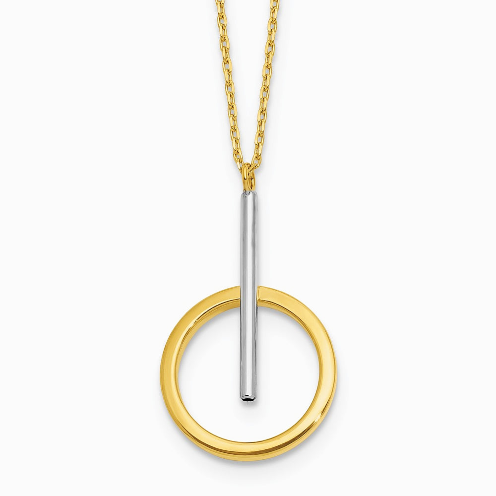 10K Yellow with Rhodium with White Rhodium Polished Bar with Circle Pendant Necklace