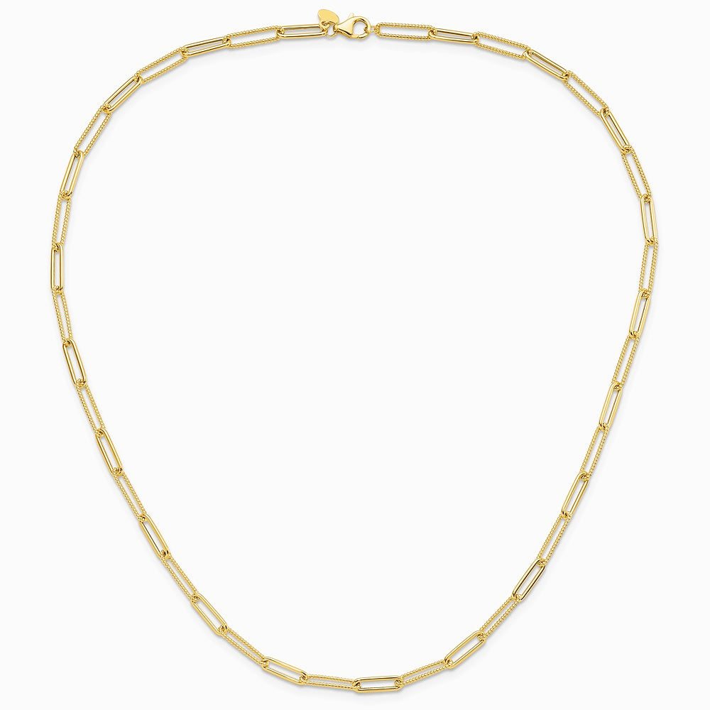 10K Yellow Gold Polished and Textured Paperclip Link Necklace - Product Photo