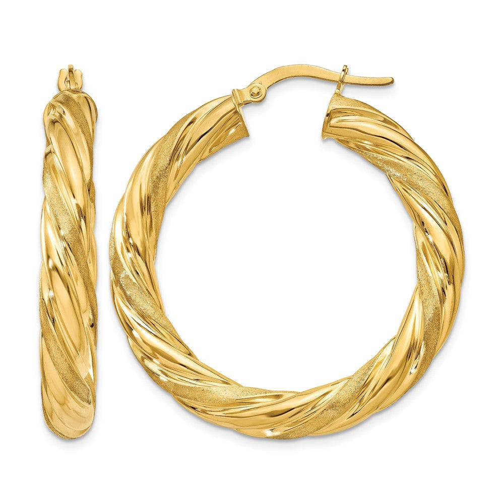 10K Yellow Gold 5mm Satin & Polished Twisted Hoop Earrings