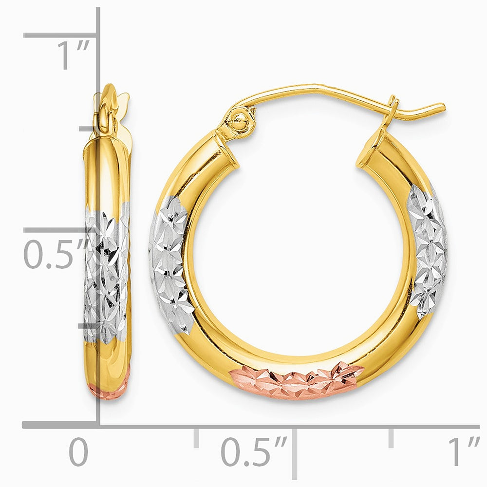10K Yellow with Rhodium White & Rose Rhodium Diamond-Cut 3x20 mm Hoop Earrings - Product Photo