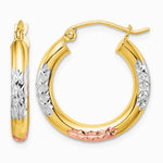 10K Yellow with Rhodium White & Rose Rhodium Diamond-Cut 3x20 mm Hoop Earrings - Product Photo