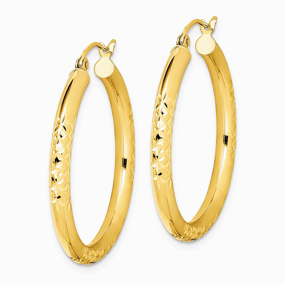 10K Yellow Gold Diamond Cut 3x30mm Hollow Tube Hoop Earrings - Product Photo