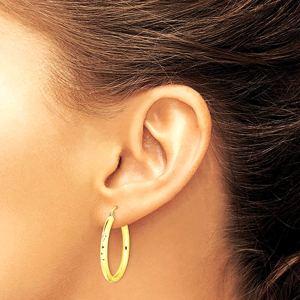 10K Yellow Gold Diamond Cut 3x30mm Hollow Tube Hoop Earrings - Product Photo