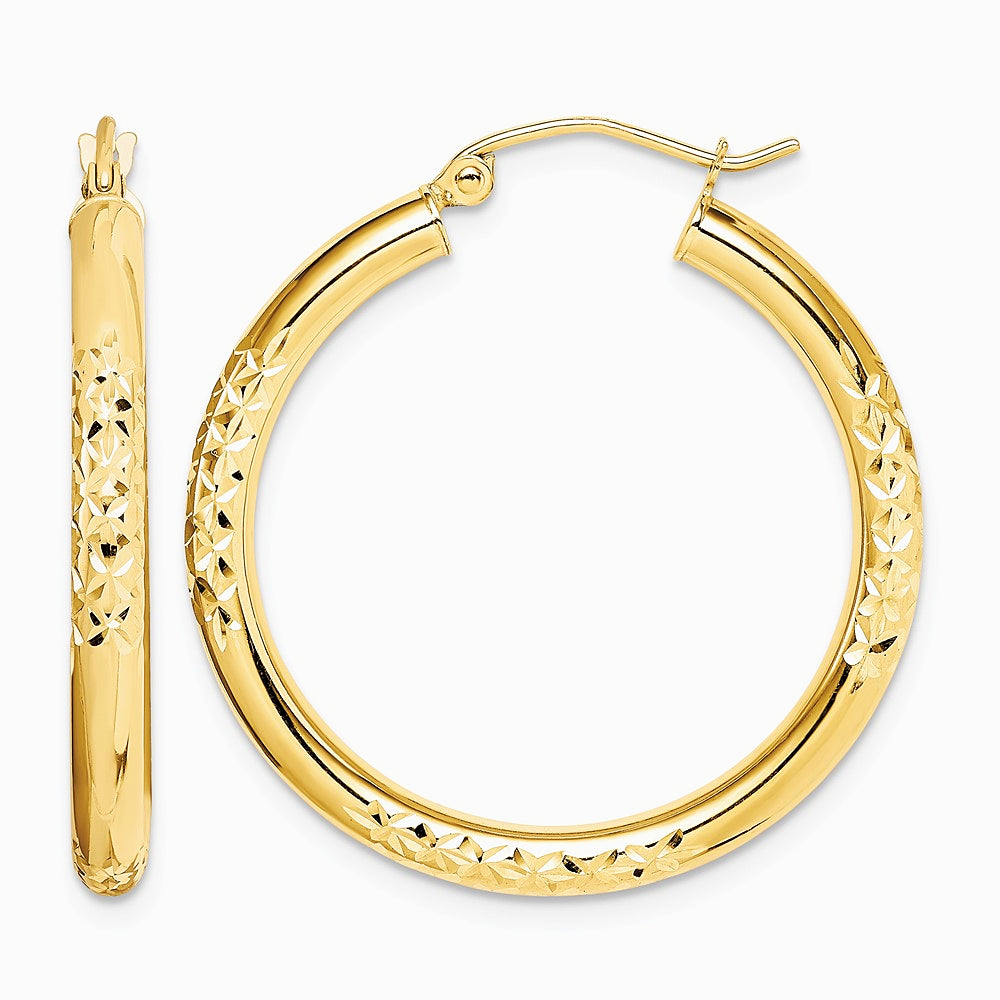 10K Yellow Gold Diamond Cut 3x30mm Hollow Tube Hoop Earrings - Product Photo