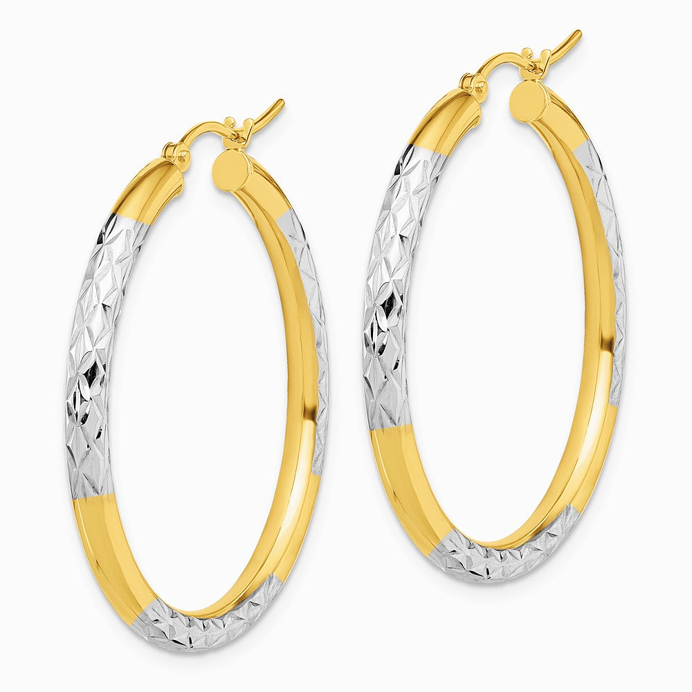 10K Yellow with Rhodium & Rhodium Diamond Cut 3mm Hoop Earrings - Product Photo