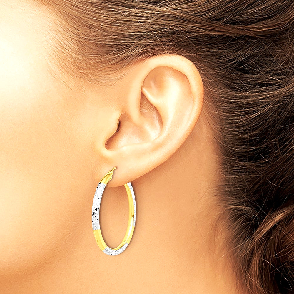 10K Yellow with Rhodium & Rhodium Diamond Cut 3mm Hoop Earrings - Product Photo