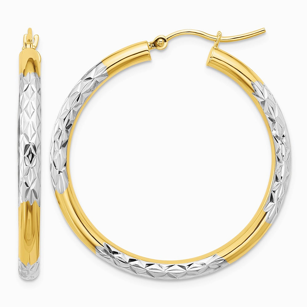 10K Yellow with Rhodium & Rhodium Diamond Cut 3mm Hoop Earrings - Product Photo