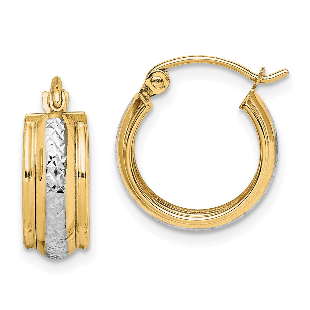 10K Yellow with Rhodium & Rhodium Diamond Cut Small Hoop Earrings