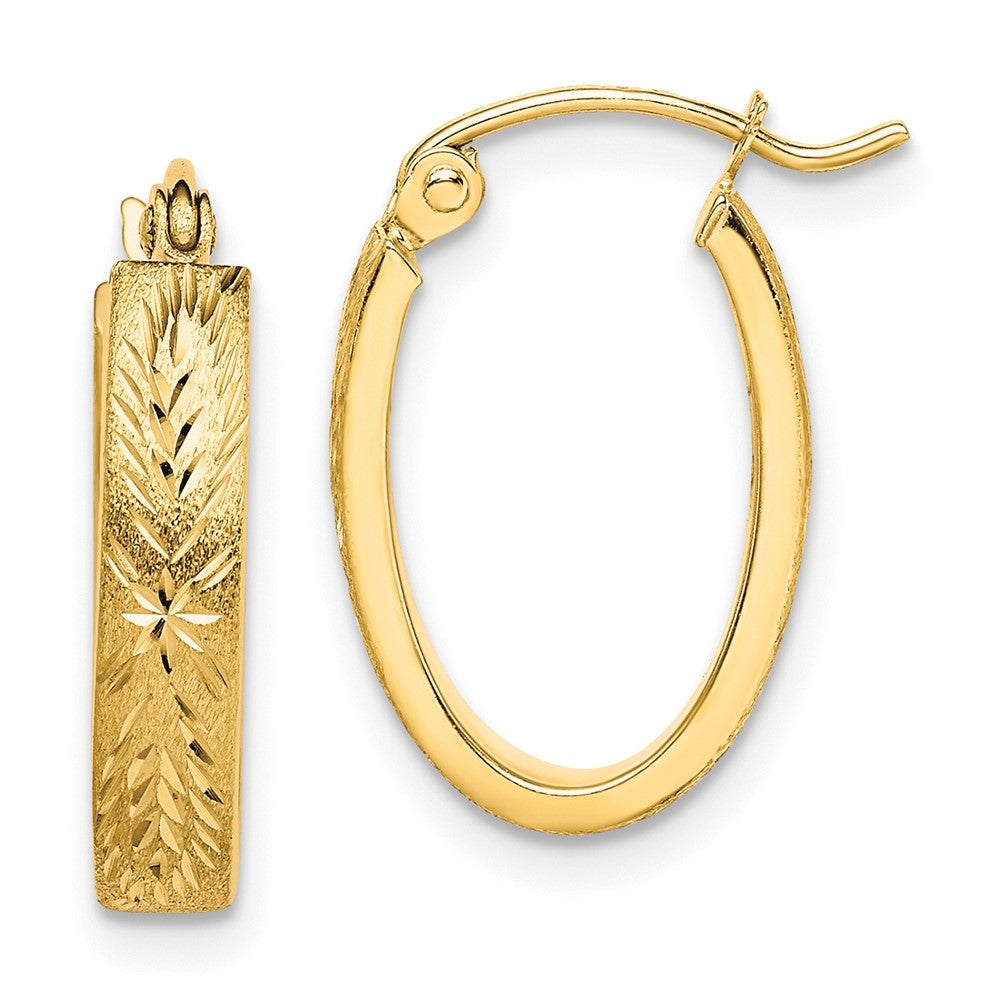 10K Yellow Gold Brushed Diamond Cut Oval Hoop Earrings