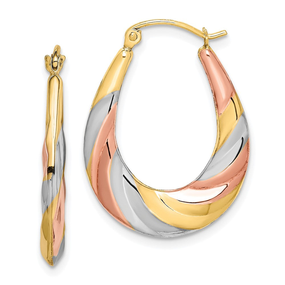 10K Yellow with Rhodium and Rhodium Oval Scalloped Hollow Hoop Earrings
