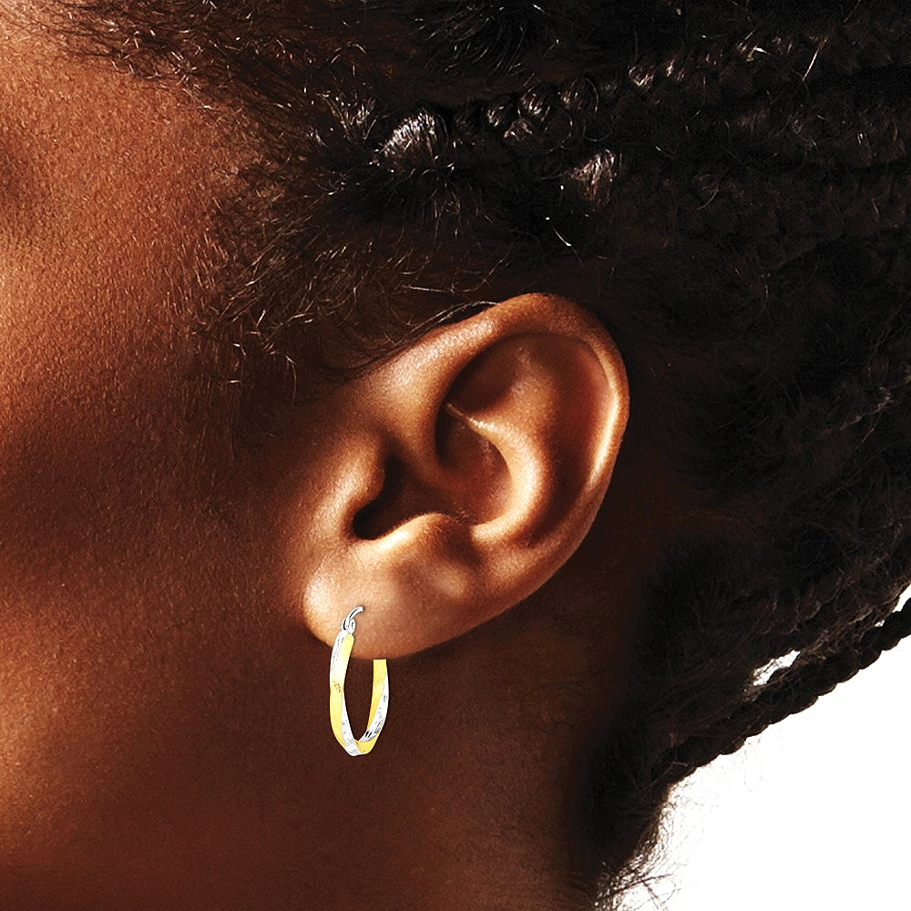 10K Yellow with Rhodium & Rhodium Diamond-cut 2.5mm Twisted Hoop Earrings - Product Photo