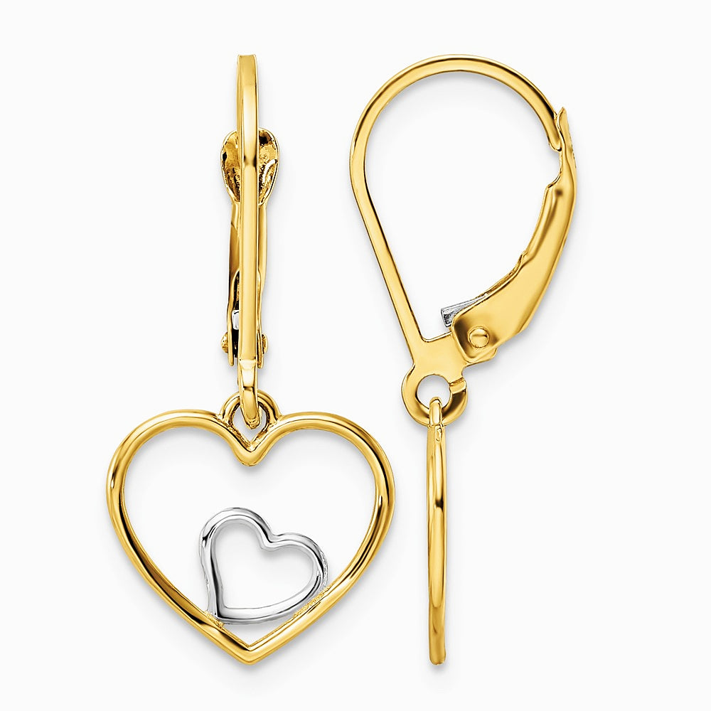 10K Yellow with Rhodium with Rhodium Heart in Heart Leverback Dangle Earrings