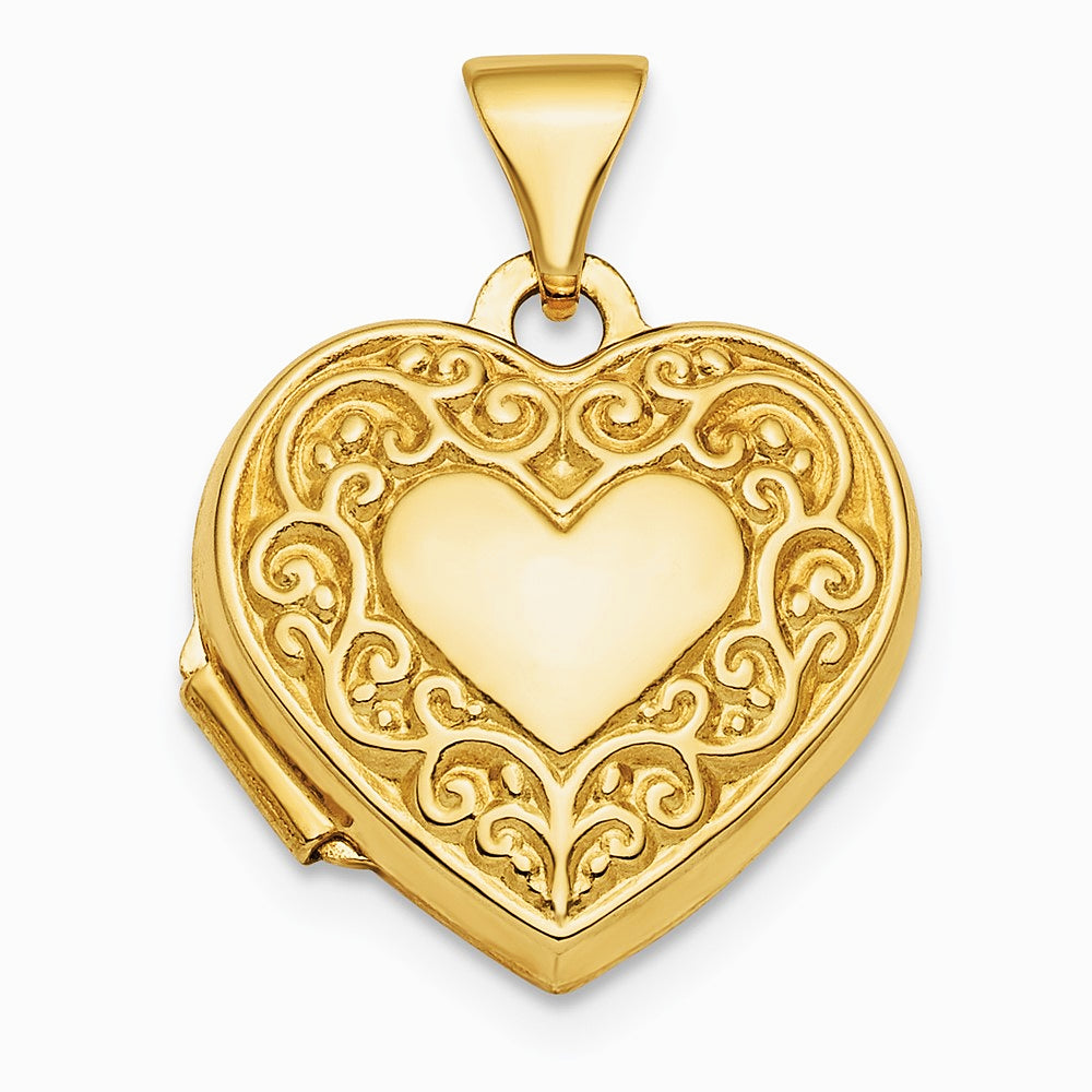 10K Yellow Gold Polished Fancy Scroll Design Front & Back 15mm Heart Locket - Product Photo