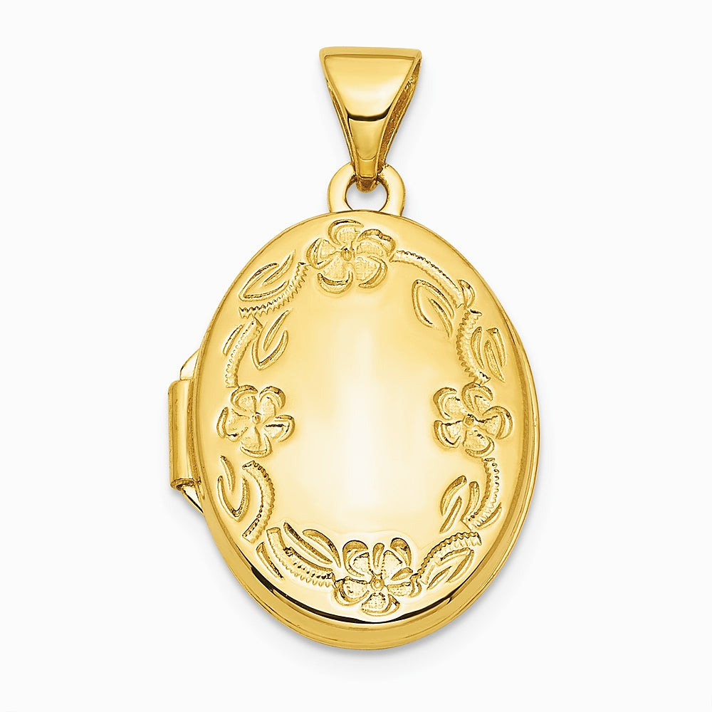 10K Yellow Gold 17mm Oval Leaf Floral Hand Engraved Locket