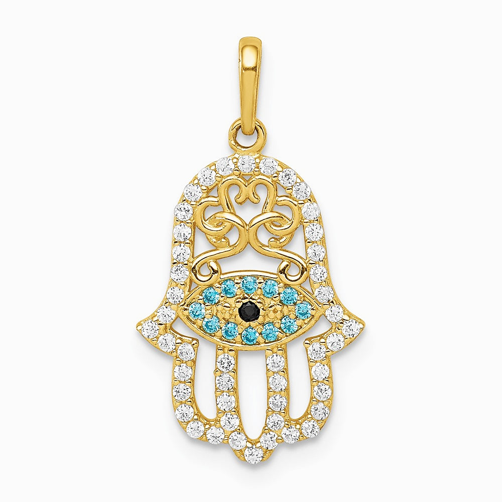 10K / 14K Yellow Gold Multi-colored CZ Hamsa Pendant - Product Photo