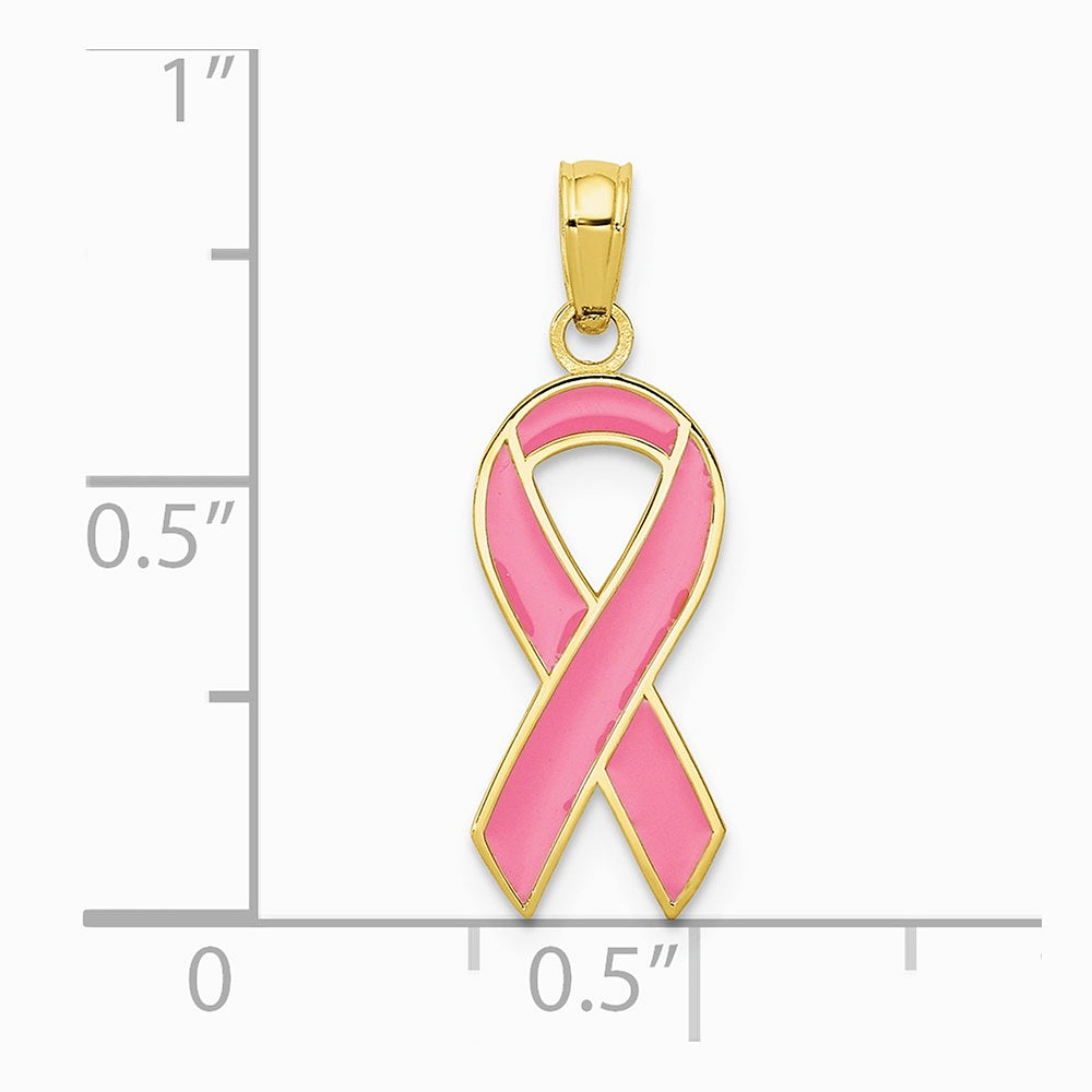 10K / 14K Yellow Gold Pink Enameled Awareness Ribbon Pendant - Product Photo