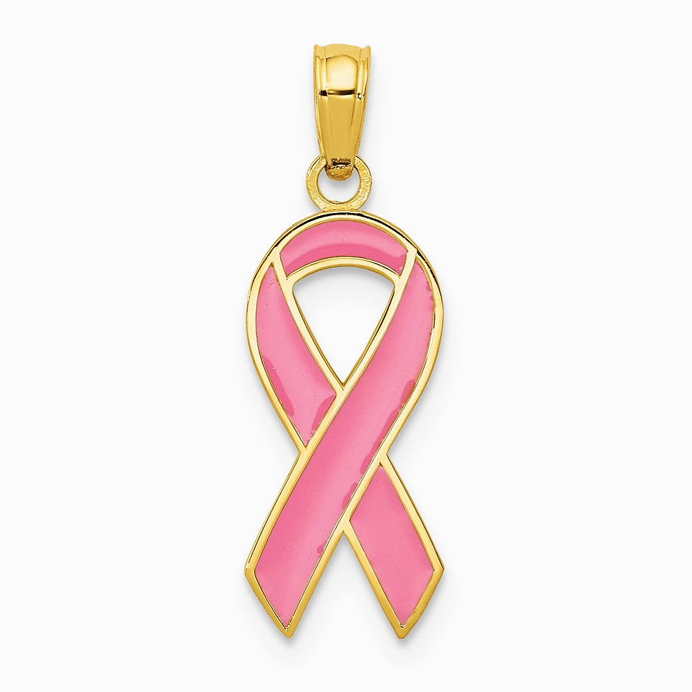 10K / 14K Yellow Gold Pink Enameled Awareness Ribbon Pendant - Product Photo