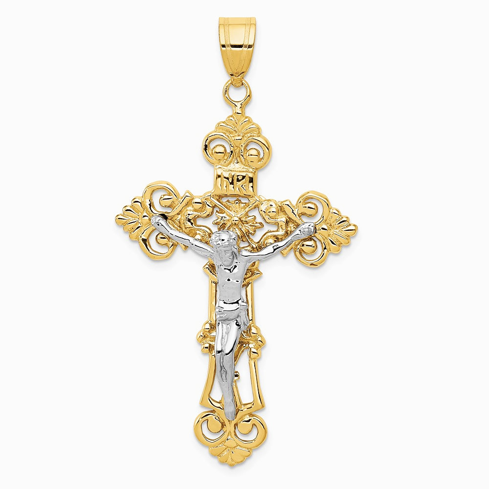 10K Two-tone INRI Fleur De Lis Crucifix Pendant