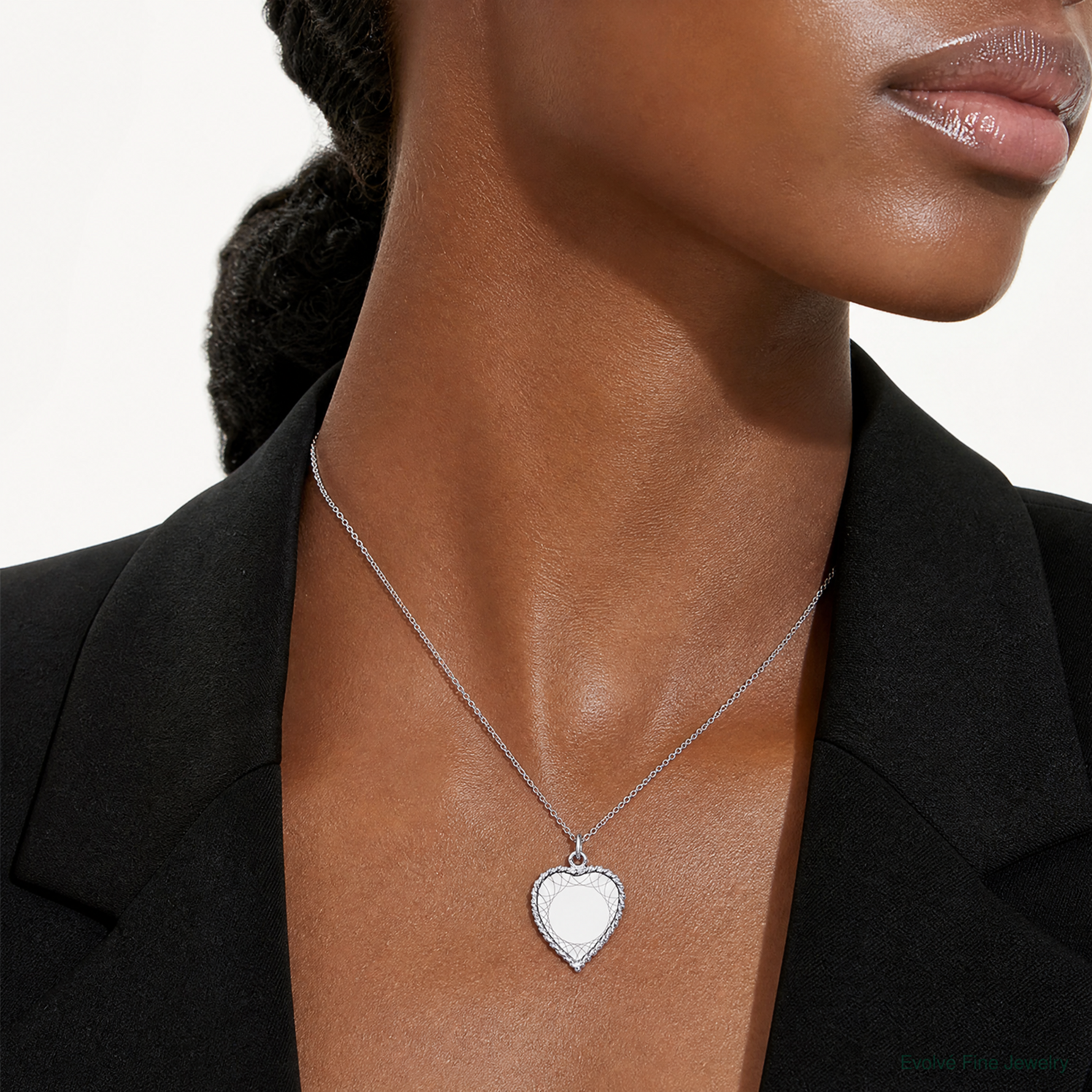 14k White Gold Etched Design .013 Gauge Engravable Heart Charm - Model Shot