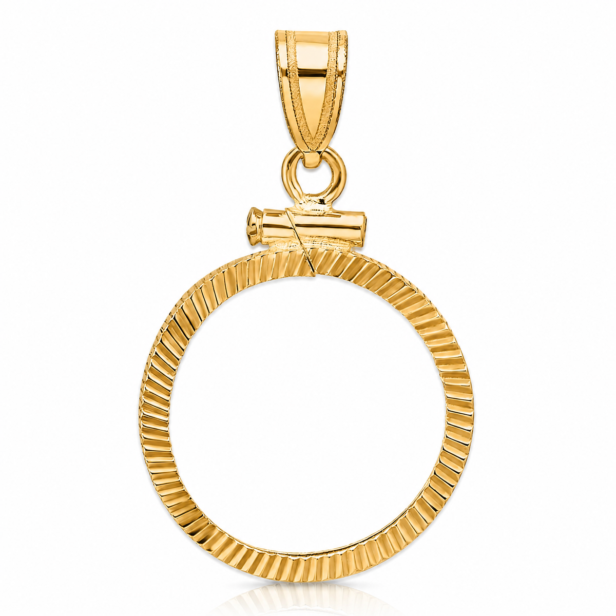 14k Diamond-cut 16.5mm x 1.35mm Screw Top Coin Bezel Pendant - Lifestyle View