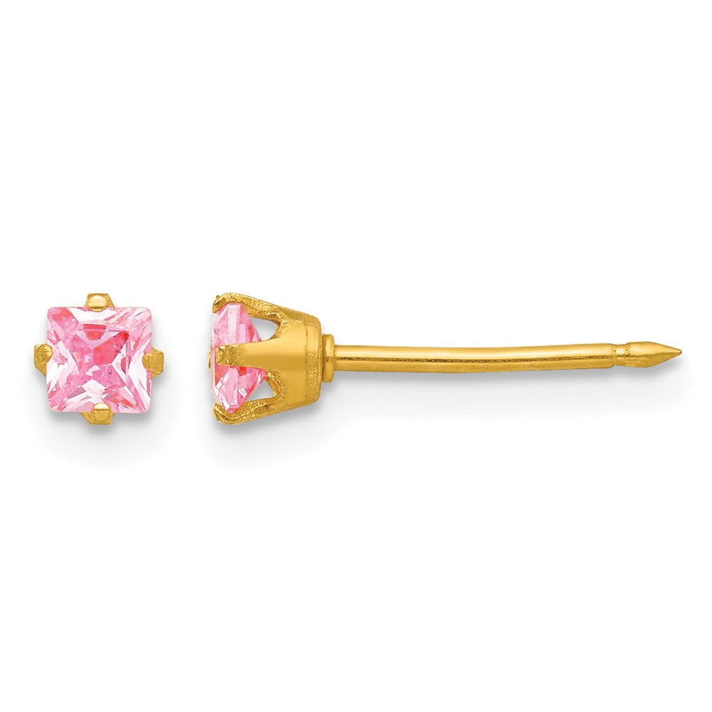 14K Yellow Gold 3mm Square Pink CZ Post Earrings