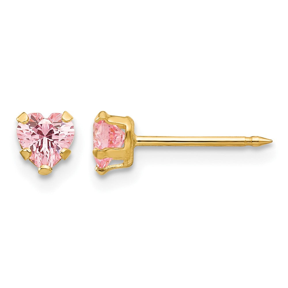 14K Yellow Gold 4mm Pink Heart CZ Earrings