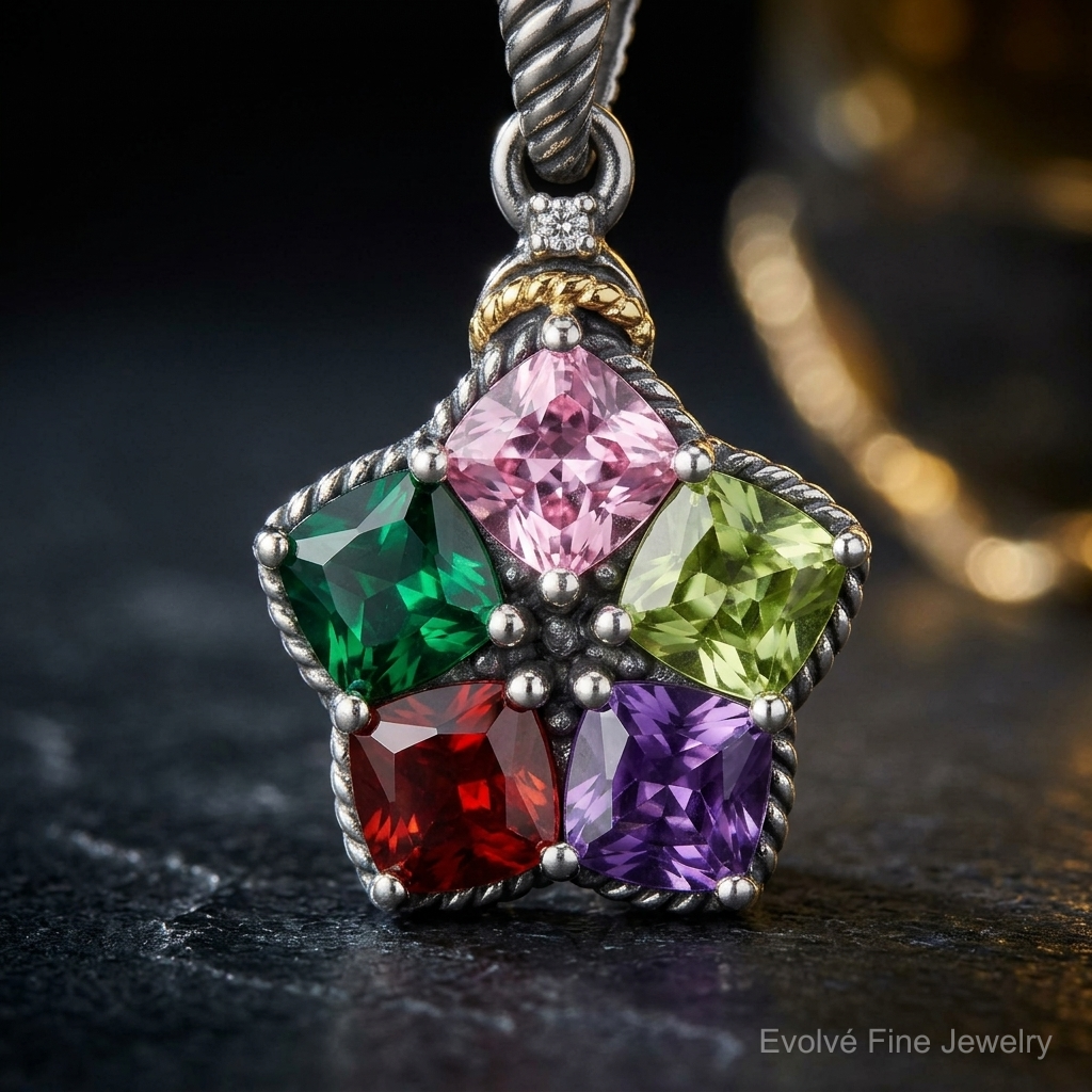 Sterling Silver Antiqued w/14k 5-stone w/Diamond Mothers Pendant Semi-Mount - Close-up View