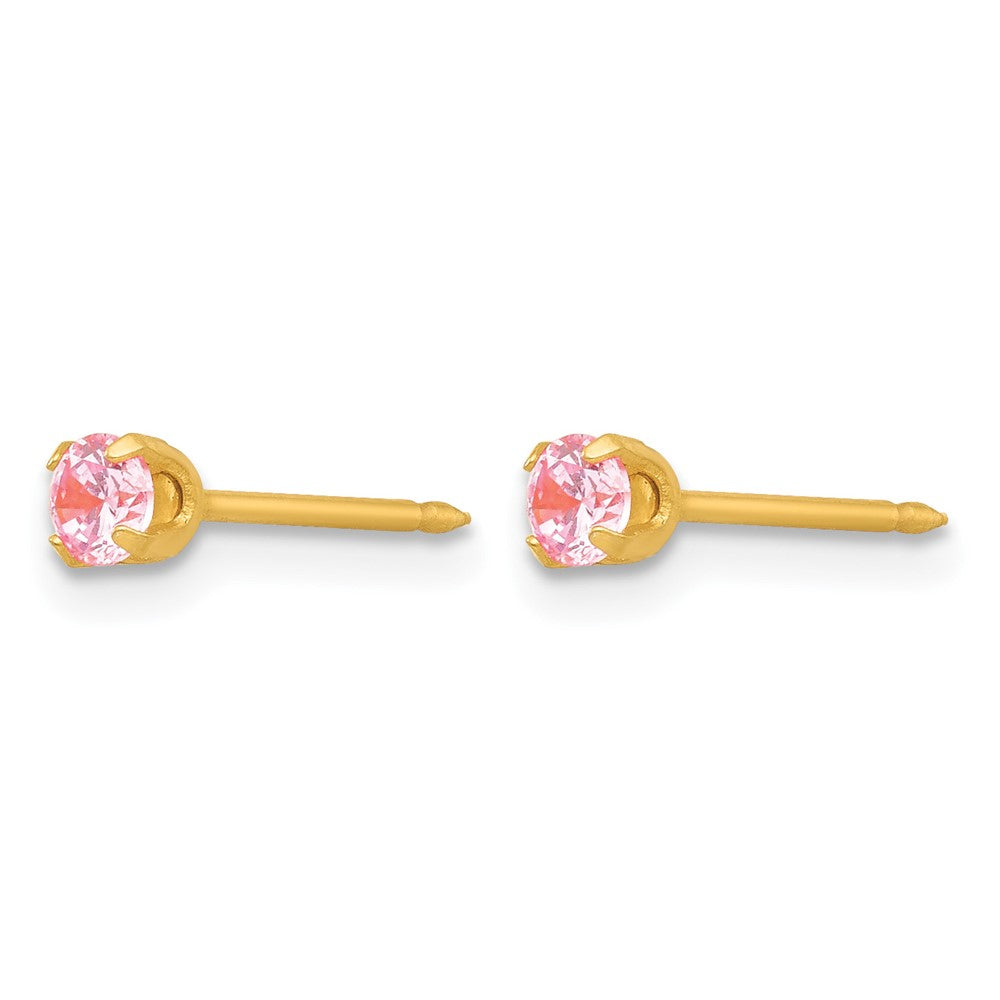 14K Yellow Gold 3mm Pink CZ Post Earrings - Product Photo