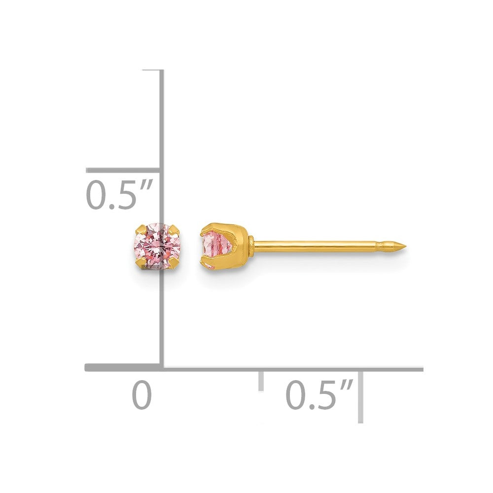 14K Yellow Gold 3mm Pink CZ Post Earrings - Product Photo